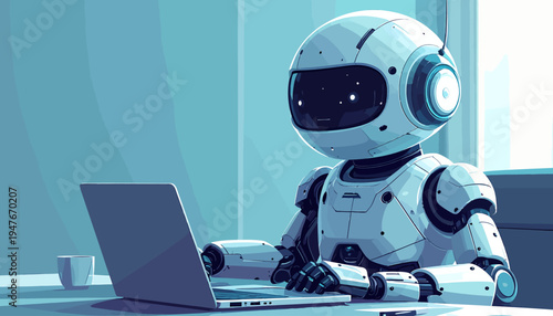A white robot with a round head and visor is diligently working on a laptop at a desk in a modern, light blue office setting.