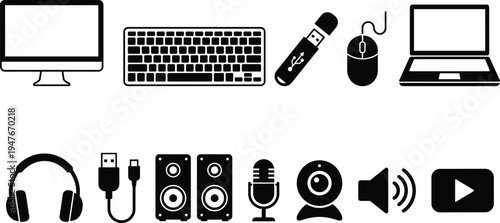 Computer and multimedia device icons set isolated on white background, laptop keyboard headphones microphone speaker technology collection vector illustration