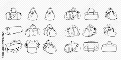 Set of hand-drawn duffel bags, gym bags, and travel bags in various shapes and sizes, perfect for sports, fitness, and travel.