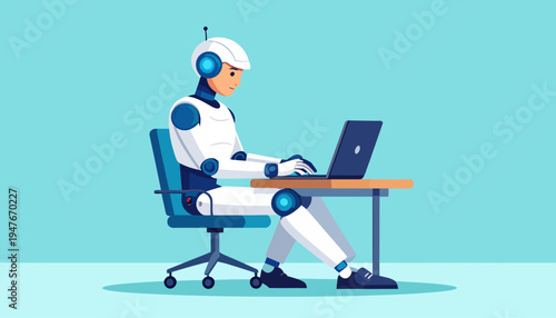 A humanoid robot in white and blue sitting at a desk and typing on a laptop, against a teal background.