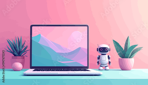 A minimalist desk setup featuring a laptop with a pastel landscape wallpaper, two potted plants, and a small robot figurine against a pink background.