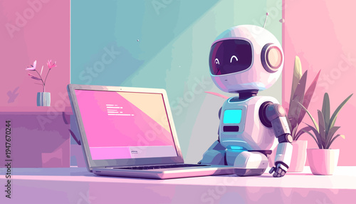 A friendly white robot with a screen on its chest sits beside an open laptop on a desk with pastel pink and teal background.
