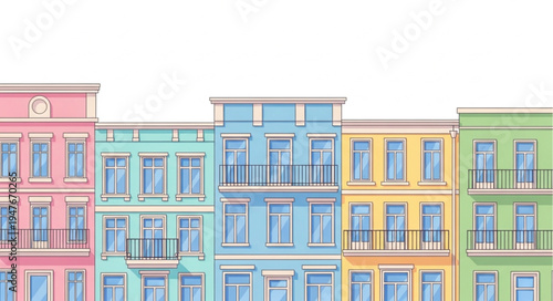 Colorful apartment buildings lined up in a row.