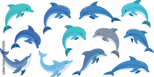 Dolphin Vector Illustration Set Featuring Playful Marine Mammals in Jumping and Swimming Poses for Ocean Wildlife Graphics, Aquarium Designs, and Sea Life Themes.