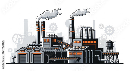 Industrial Factory Complex with Smoking Chimneys and Gears.