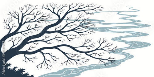 A bare tree with branches blown to one side Vector