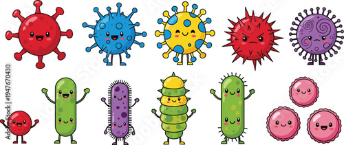 Cute bacteria and virus character set vector illustration for health education, hygiene awareness, medical science for kids, and illness prevention infographic backgrounds,