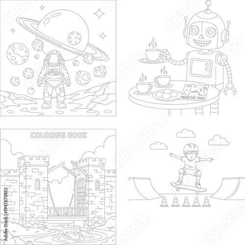 Creative coloring book pages: astronaut space, robot tea party, medieval castle, skateboarder fun, space planet, skateboard ramp