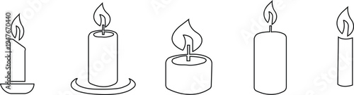 Set candle silhouettes for religion commemorative and party icon. Vector Black linear or flat symbol collection isolated on transparent background. Editable stroke some melted sets,