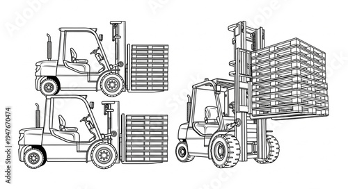 Three Forklifts Moving Pallets in a Warehouse Illustration.