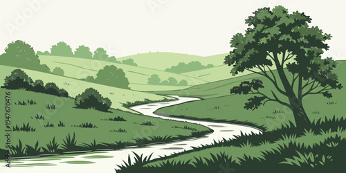 A serene landscape with a tree and a winding stream Vector