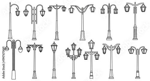 Collection of vintage street lamp designs in black and white sketch style.