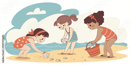 Three little girls playing on the beach with sand buckets Vector