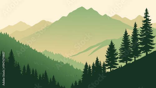 A serene mountain landscape with trees on a hillside Vector