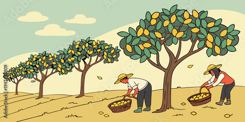Two farmers picking oranges from trees in a field Vector
