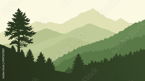 A serene mountain landscape with a single tree Vector