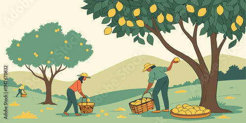 People picking lemons from a tree in an orchard Vector