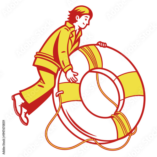A man in a yellow jacket holding a life preserver Vector