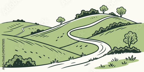 A winding road through a green countryside landscape Vector