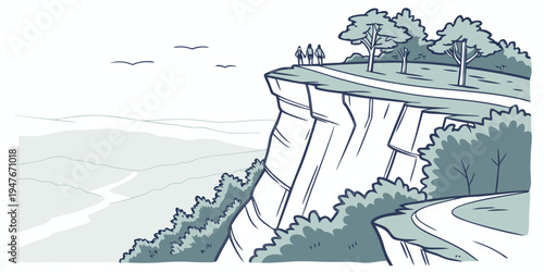 A cliff with trees on top and a body of water below Vector