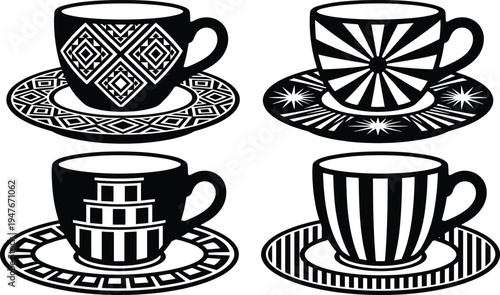 Decorative coffee cup silhouettes set, patterned teacups with saucers isolated on white background, black and white vector illustration collection