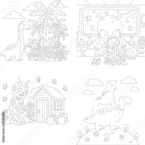 Nature and sci-fi coloring: jungle dinosaur, alien scientist, robot gardening, hillside dino line art, tropical plants