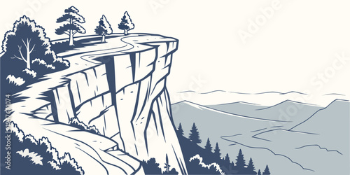 A cliff with trees on top and a winding road Vector