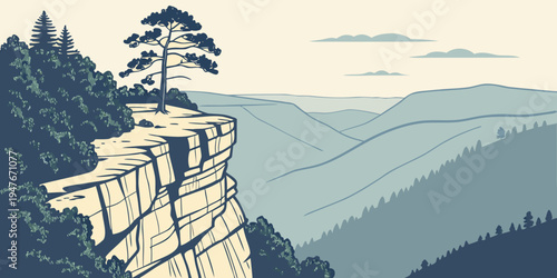 A cliff with a tree on top overlooking mountains Vector