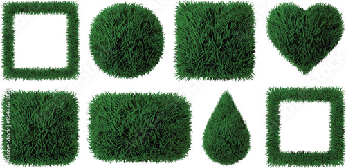 Green grass topiary shapes and shrub borders set featuring vector illustrations of heart circle square and rectangle garden greenery hedges on white background.