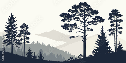 A group of trees on a hillside with mountains in the background Vector
