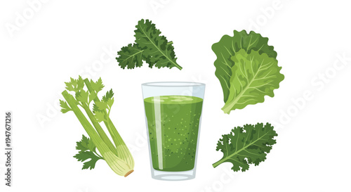 A glass of green juice surrounded by fresh leafy vegetables