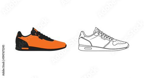 Two depictions of a retro style sneaker colored and line art