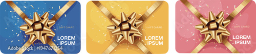 Luxury gift card vouchers set featuring vector illustrations of colorful blue yellow and pink cards with golden ribbons bows and confetti for shopping.