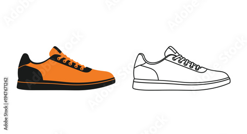 Two sneakers one colored orange and black one white side view