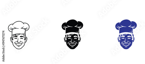  Minimalist Line Art of Happy Male Chef in Toque Hat, Professional Culinary and Restaurant Service Vector Icon Set, Joyful Baker Avatar Outline Illustration, Clean 2pt Stroke Cooking Design