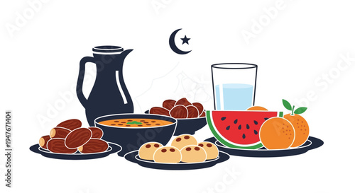 Ramadan iftar spread with dates fruit and traditional drinks