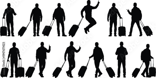 Traveler silhouettes set with rolling luggage, airport passenger walking poses, tourism journey concept, business travel people, suitcase traveler icons