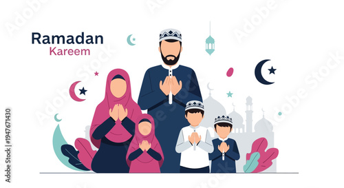 Ramadan kareem illustration featuring a muslim family in prayer