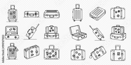 Set of travel suitcases and luggage in various positions, line art vector illustration for journey and tourism concepts.