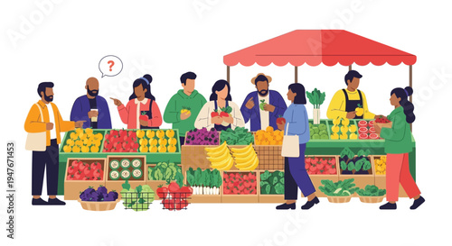A vibrant farmers market scene with diverse people and fresh produce