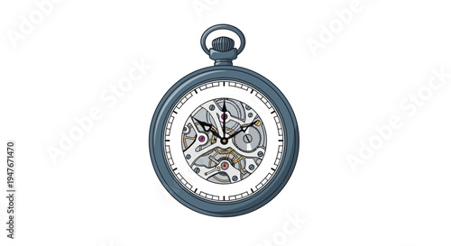 Illustration of a vintage pocket watch with exposed gears and a chain