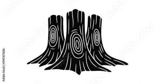 Black and white illustration of three freshly cut tree stumps