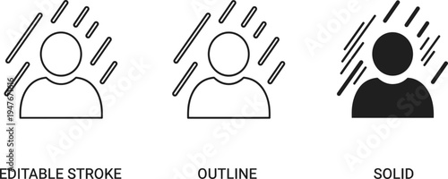 Editable stroke person icon, outline style figure, solid silhouette design, rain lines illustration, graphic symbol set, UI element, categorization concept