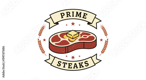 Prime steaks logo featuring a stylized steak with wheat and ribbon elements
