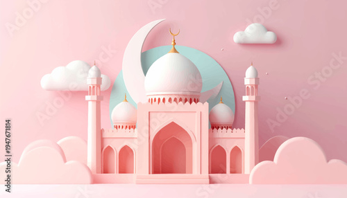 A charming pastel pink mosque with white domes and minarets, set against a light blue crescent moon and fluffy white clouds, in a cute 3D rendered style.