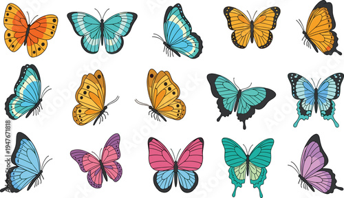 Butterfly Vector Illustration Set Featuring Colorful Flying Insects with Decorative Wings for Nature Wildlife Graphics, Garden Designs, Spring Themes, and Biology Education.