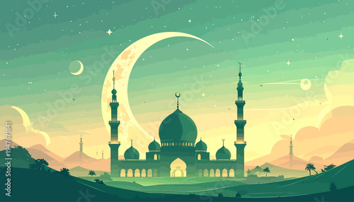 Serene mosque silhouette under a crescent moon and starry sky, with a tranquil green and teal landscape.