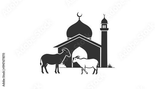 Black and white silhouette of a mosque with a crescent moon and minaret, featuring two sheep in the foreground, symbolizing Eid al-Adha.