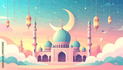 Dreamy pastel mosque with crescent moon and lanterns under a serene sky, celebrating Islamic culture and holidays.