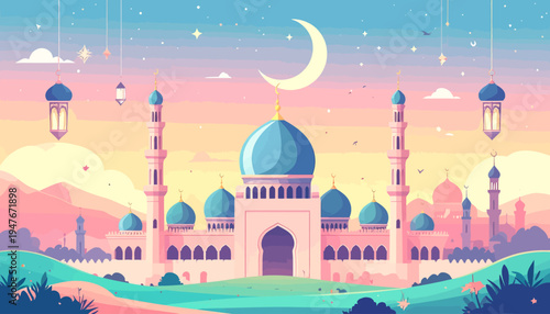 A beautiful pastel-colored mosque with blue domes and tall minarets under a crescent moon and starry sky, with hanging lanterns and green hills.
